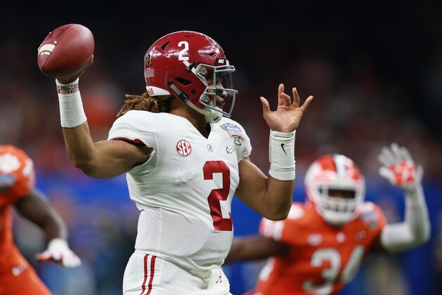 NEW ORLEANS, LA - JANUARY 01:  Jalen Hurts #2 of the Alabama Crimson Tide throws the ball in the first half of the AllState Sugar Bowl against the Clemson Tigers at the Mercedes-Benz Superdome on January 1, 2018 in New Orleans, Louisiana.  (Photo by Sean Gardner/Getty Images)