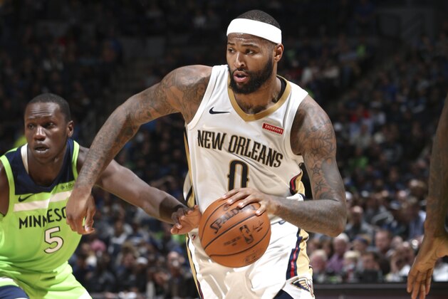 MINNEAPOLIS, MN -  JANUARY 6: DeMarcus Cousins #0 of the New Orleans Pelicans handles the ball against the Minnesota Timberwolves on January 6, 2018 at Target Center in Minneapolis, Minnesota. NOTE TO USER: User expressly acknowledges and agrees that, by downloading and or using this Photograph, user is consenting to the terms and conditions of the Getty Images License Agreement. Mandatory Copyright Notice: Copyright 2018 NBAE (Photo by David Sherman/NBAE via Getty Images)