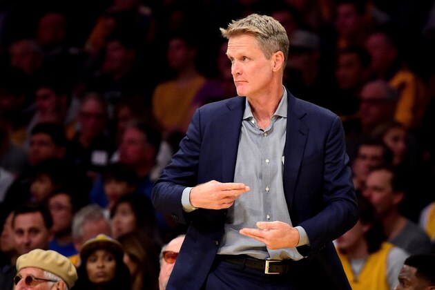 LOS ANGELES, CA - DECEMBER 18:  Head coach Steve Kerr of the Golden State Warriors wants a travel called in the first quarter against the Los Angeles Lakers at Staples Center on December 18, 2017 in Los Angeles, California. NOTE TO USER: User expressly acknowledges and agrees that, by downloading and or using this photograph, User is consenting to the terms and conditions of the Getty Images License Agreement.  (Photo by Harry How/Getty Images)