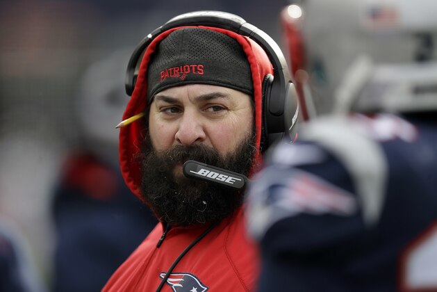New England Patriots defensive coordinator Matt Patricia watches from the sideline during the first half of an NFL football game against the New York Jets, Sunday, Dec. 31, 2017, in Foxborough, Mass. (AP Photo/Charles Krupa)