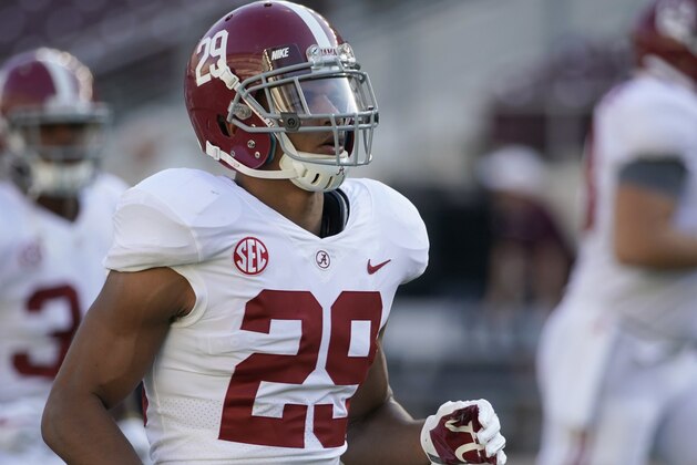 Alabama's Minkah Fitzpatrick warms up before an NCAA college football game against Texas A&M Saturday, Oct. 7, 2017, in College Station, Texas. (AP Photo/David J. Phillip)