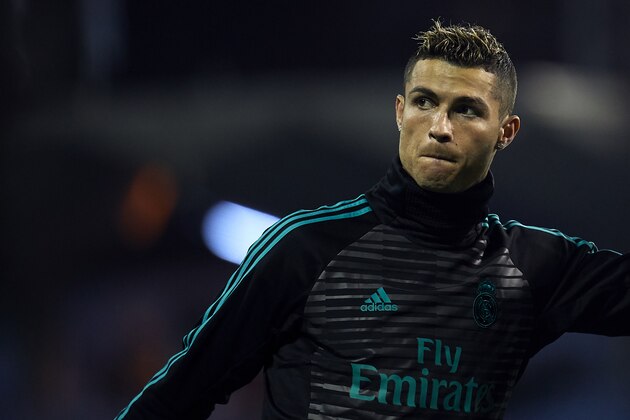 VIGO, SPAIN - JANUARY 07:  Cristiano Ronaldo of Real Madrid looks on prior to the La Liga match between Celta de Vigo and Real Madrid at Estadio de Balaidos on January 7, 2018 in Vigo, Spain.  (Photo by fotopress/Getty Images)