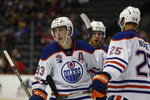 Edmonton Oilers center Ryan Nugent-Hopkins (93) in the third period of an NHL hockey game Thursday, March 23, 2017, in Denver. Edmonton won 7-4. (AP Photo/David Zalubowski) Edmonton Oilers center Ryan Nugent-Hopkins (93) in the third period of an NHL hockey game Thursday, March 23, 2017, in Denver. Edmonton won 7-4. (AP Photo/David Zalubowski)
