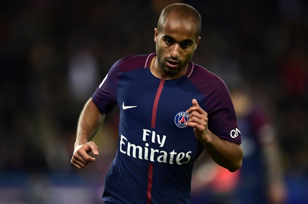 Paris Saint-Germain's Brazilian midifelder Lucas runs during the French L1 football match between Paris Saint-Germain (PSG) and Nice (OGC Nice) on October 27, 2017, at the Parc des Princes stadium in Paris. / AFP PHOTO / Martin BUREAU        (Photo credit should read MARTIN BUREAU/AFP/Getty Images)
