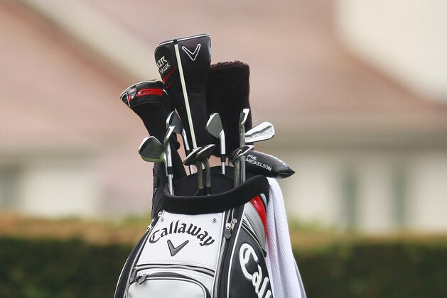 Phil Mickelson's golf bag is shown at the first tee at Pebble Beach Golf Links during the third round of the AT&T Pebble Beach National Pro-Am golf tournament in Pebble Beach, Calif., Saturday, Feb. 11, 2012. (AP Photo/Jeff Chiu)