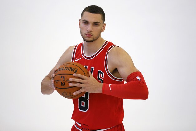 Chicago Bulls' Zach LaVine poses for a portrait during media day for the NBA basketball team Monday, Sept. 25, 2017, in Chicago. (AP Photo/Charles Rex Arbogast)