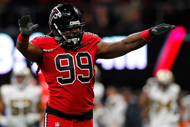 ATLANTA, GA - DECEMBER 07:  Adrian Clayborn #99 of the Atlanta Falcons reacts after sacking Drew Brees #9 of the New Orleans Saints at Mercedes-Benz Stadium on December 7, 2017 in Atlanta, Georgia.  (Photo by Kevin C. Cox/Getty Images)