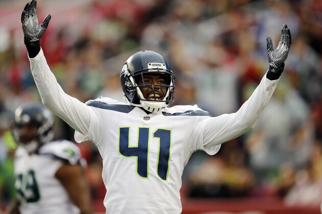Seattle Seahawks cornerback Byron Maxwell celebrates after an interception by teammate Bobby Wagner during the first half of an NFL football game against the San Francisco 49ers Sunday, Nov. 26, 2017, in Santa Clara, Calif. (AP Photo/John Hefti)