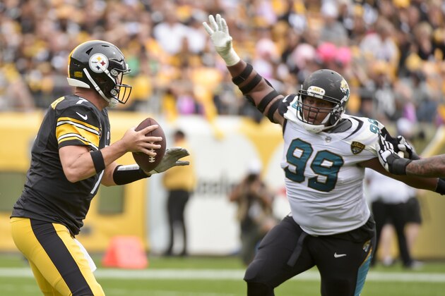 Jacksonville Jaguars defensive tackle Eli Ankou (99) pressures Pittsburgh Steelers quarterback Ben Roethlisberger (7) as he ooks to pass in the fourth quarter of an NFL football game, Sunday, Oct. 8, 2017, in Pittsburgh. (AP Photo/Fred Vuich)
