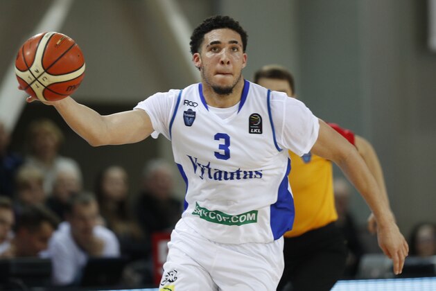 BC Prienu Vytautas's LiAngelo Ball in action during the Big Baller Brand Challenge friendly tournament match between BC Prienu Vytautas and BC Zalgiris-2 at the BC Prienai-Birstonas Vytautas arena, in Prienai, Lithuania, Tuesday, Jan. 9, 2018. LiAngelo Ball and LaMelo Ball, sons of former basketball player LaVar Ball, have signed a one-year contract and play their first match for Lithuanian professional basketball club Prienu Vytautas. (AP Photo/Liusjenas Kulbis)