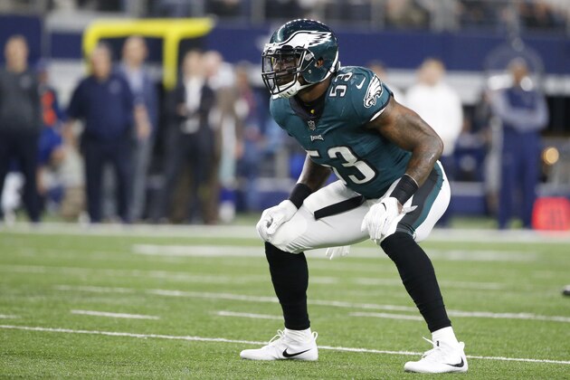 Philadelphia Eagles outside linebacker Nigel Bradham (53) defends against the Dallas Cowboys during an NFL football game, Sunday, Nov. 19, 2017, in Arlington, Texas. (AP Photo/Michael Ainsworth)