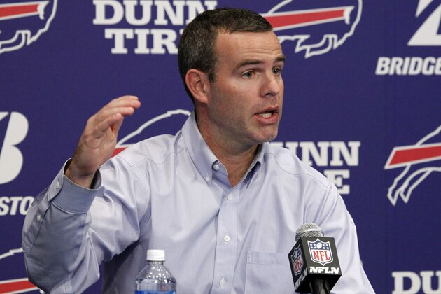 Buffalo Bills general manager Brandon Beane addresses the media during an end-of-season NFL football news conference, Tuesday, Jan. 9, 2018, in Orchard Park, N.Y. (AP Photo/Jeffrey T. Barnes)