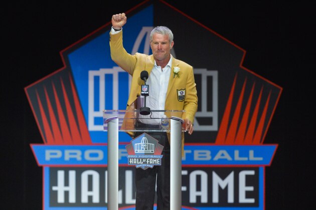 Former NFL player Brett Favre delivers his speech during an induction ceremony at the Pro Football Hall of Fame Saturday, Aug.6, 2016, in Canton, Ohio. (AP Photo/David Richard)