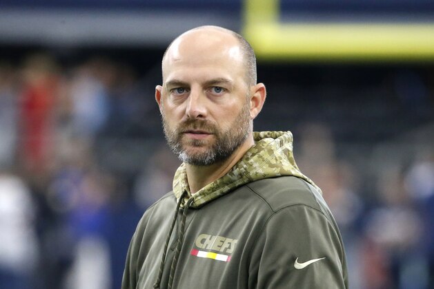 FILE - In this Nov. 5, 2017, file photo, Kansas City Chiefs offensive coordinator Matt Nagy stands on the field during warm ups before an NFL football game against the Dallas Cowboys, in Arlington, Texas. Chicago Bears general manager Ryan Pace announced the hiring of Matt Nagy as the NFL football team's 16th head coach, Monday, Jan. 8, 2018. (AP Photo/Michael Ainsworth, File) FILE - In this Nov. 5, 2017, file photo, Kansas City Chiefs offensive coordinator Matt Nagy stands on the field during warm ups before an NFL football game against the Dallas Cowboys, in Arlington, Texas. Chicago Bears general manager Ryan Pace announced the hiring of Matt Nagy as the NFL football team's 16th head coach, Monday, Jan. 8, 2018. (AP Photo/Michael Ainsworth, File)