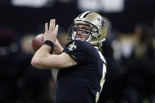 New Orleans Saints quarterback Drew Brees (9) warms up before an NFL wild card playoff football game against the Carolina Panthers in New Orleans, Sunday, Jan. 7, 2018. (AP Photo/Gerald Herbert) New Orleans Saints quarterback Drew Brees (9) warms up before an NFL wild card playoff football game against the Carolina Panthers in New Orleans, Sunday, Jan. 7, 2018. (AP Photo/Gerald Herbert)