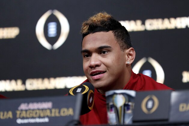 Alabama quarterback Tua Tagovailoa speaks at a press conference in Atlanta, Tuesday, Jan. 9, 2018. Alabama beat Georgia 26-23 in overtime to win the NCAA college football playoff championship game on Monday night. (AP Photo/David Goldman)