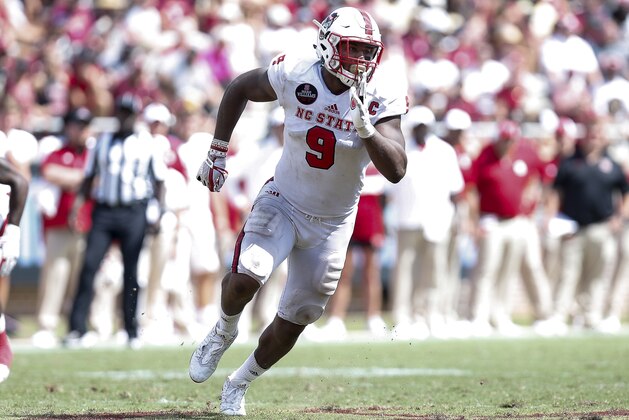 TALLAHASSEE, FL - SEPTEMBER 23: Defensive End Bradley Chubb #9 of the North Carolina State Wolfpack during the game against the Florida State Seminoles at Doak Campbell Stadium on Bobby Bowden Field on September 23, 2017 in Tallahassee, Florida. NC State defeated Florida State 27 to 21. (Photo by Don Juan Moore/Getty Images)