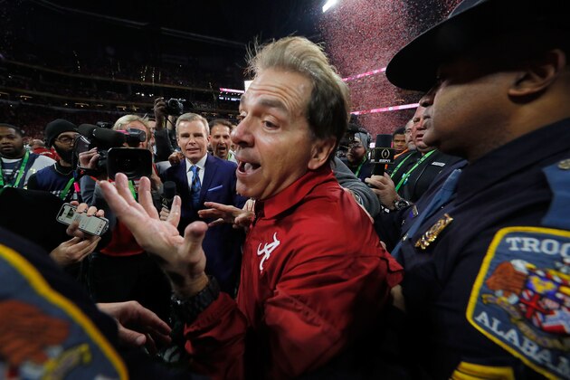 ATLANTA, GA - JANUARY 08:  Head coach Nick Saban of the Alabama Crimson Tide celebrates beating the Georgia Bulldogs in overtime to win the CFP National Championship presented by AT&T at Mercedes-Benz Stadium on January 8, 2018 in Atlanta, Georgia.  (Photo by Kevin C. Cox/Getty Images)