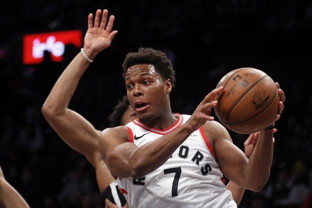 Toronto Raptors guard Kyle Lowry (7) drives to the basket against the Brooklyn Nets during an NBA basketball game Monday, Jan. 8, 2018, in New York. The Raptors won 114-113 in overtime. (AP Photo/Adam Hunger)