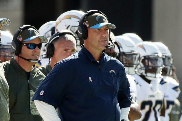 JACKSONVILLE, FL - NOVEMBER 12:  Defensive coordinator for the Los Angeles Chargers Gus Bradley watches the play on the field during the first half of their game against the Jacksonville Jaguars at EverBank Field on November 12, 2017 in Jacksonville, Florida.  (Photo by Logan Bowles/Getty Images)