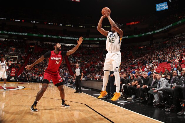 MIAMI, FL - JANUARY 7: Donovan Mitchell #45 of the Utah Jazz shoots the ball against the Miami Heat on January 7, 2018 at American Airlines Arena in Miami, Florida. NOTE TO USER: User expressly acknowledges and agrees that, by downloading and or using this photograph, user is consenting to the terms and conditions of the Getty Images License Agreement. Mandatory Copyright Notice: Copyright 2018 NBAE (Photo by Issac Baldizon/NBAE via Getty Images)