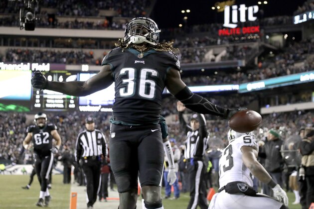 Philadelphia Eagles' Jay Ajayi reacts after scoring a touchdown during the first half of an NFL football game against the Oakland Raiders, Monday, Dec. 25, 2017, in Philadelphia. (AP Photo/Michael Perez)