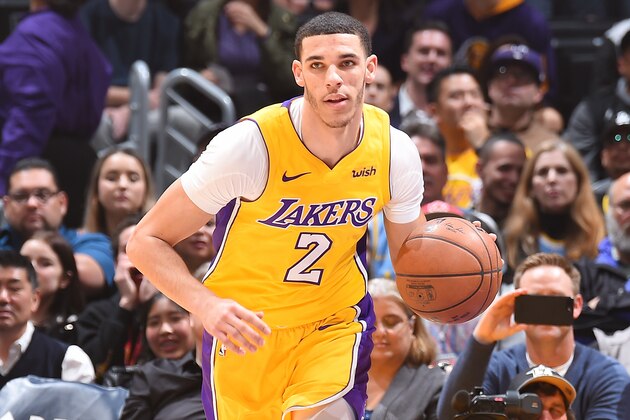 LOS ANGELES, CA - JANUARY 9: Lonzo Ball #2 of the Los Angeles Lakers handles the ball against the Sacramento Kings on January 9, 2018 at STAPLES Center in Los Angeles, California. NOTE TO USER: User expressly acknowledges and agrees that, by downloading and/or using this Photograph, user is consenting to the terms and conditions of the Getty Images License Agreement. Mandatory Copyright Notice: Copyright 2018 NBAE (Photo by Andrew D. Bernstein/NBAE via Getty Images)