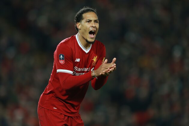 LIVERPOOL, ENGLAND - JANUARY 05: Virgil van Dijk of Liverpool during The Emirates FA Cup Third Round match between Liverpool and Everton  at Anfield on January 5, 2018 in Liverpool, England. (Photo by James Williamson - AMA/Getty Images)