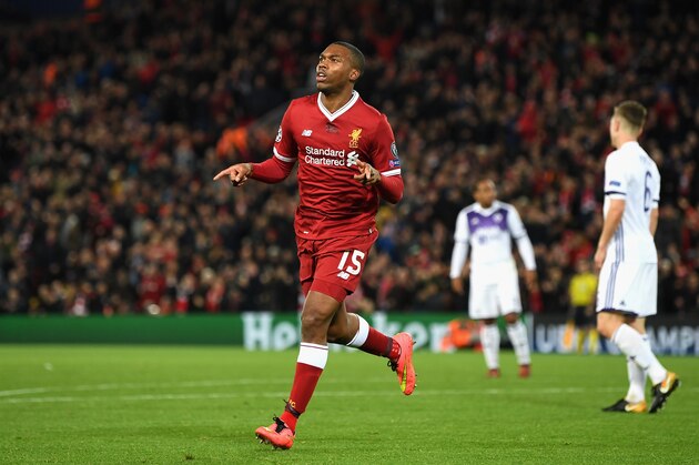 LIVERPOOL, ENGLAND - NOVEMBER 01: Daniel Sturridge of Liverpool celebrates scoring his sides third goal during the UEFA Champions League group E match between Liverpool FC and NK Maribor at Anfield on November 1, 2017 in Liverpool, United Kingdom.  (Photo by Michael Regan/Getty Images)