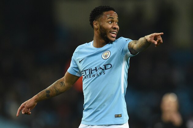 Manchester City's English midfielder Raheem Sterling gestures during the English League Cup semi-final first leg football match between Manchester City and Bristol City at the Etihad Stadium in Manchester, north west England, on January 9, 2018. / AFP PHOTO / Oli SCARFF / RESTRICTED TO EDITORIAL USE. No use with unauthorized audio, video, data, fixture lists, club/league logos or 'live' services. Online in-match use limited to 75 images, no video emulation. No use in betting, games or single club/league/player publications.  /         (Photo credit should read OLI SCARFF/AFP/Getty Images)