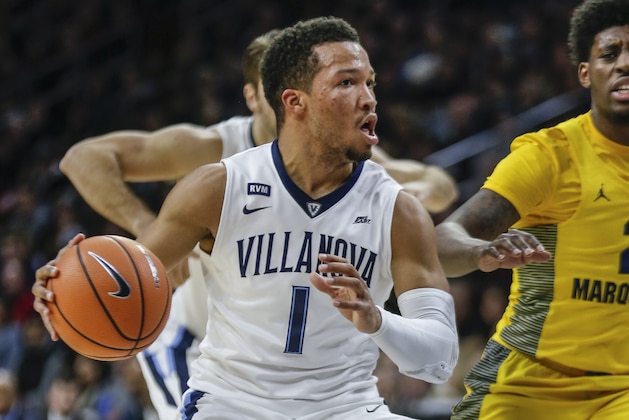 Villanova guard Jalen Brunson (1) in action during an NCAA college basketball game against Marquette, Saturday, Jan. 6, 2018, in Philadelphia. (AP Photo/Laurence Kesterson)