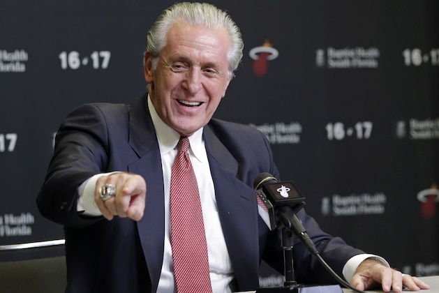 Miami Heat president Pat Riley talks to reporters during an NBA basketball news conference, Thursday, Dec. 22, 2016, in Miami. The Heat will raise O'Neal's No. 32 banner to the rafters. He will be the third Heat player to get such an honor, joining only Alonzo Mourning and Tim Hardaway. (AP Photo/Alan Diaz)