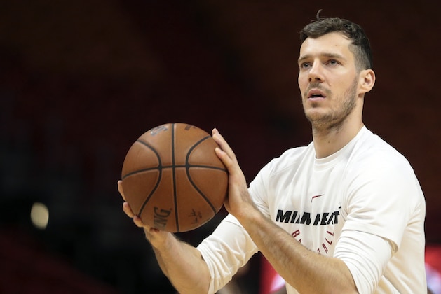 Miami Heat guard Goran Dragic (7) warms up prior to an NBA basketball game against the Utah Jazz, Sunday, Jan. 7, 2018, in Miami. (AP Photo/Joel Auerbach)