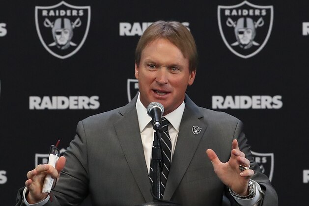ALAMEDA, CA - JANUARY 09:  Oakland Raiders new head coach Jon Gruden speaks during a news conference at Oakland Raiders headquarters on January 9, 2018 in Alameda, California. Jon Gruden has returned to the Oakland Raiders after leaving the team in 2001.  (Photo by Justin Sullivan/Getty Images)