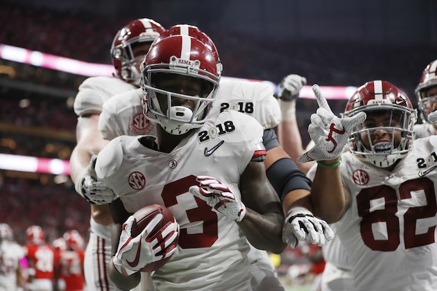 Alabama's Calvin Ridley celebrates his touchdown catch during the second half of the NCAA college football playoff championship game against Georgia Monday, Jan. 8, 2018, in Atlanta. (AP Photo/David Goldman)