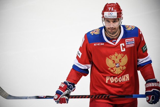 Russia's forward Ilya Kovalchuk is seen during the Channel One Cup of the Euro Hockey Tour ice hockey match between Russia and Sweden in Moscow on December 14, 2017.
 / AFP PHOTO / Alexander NEMENOV        (Photo credit should read ALEXANDER NEMENOV/AFP/Getty Images)