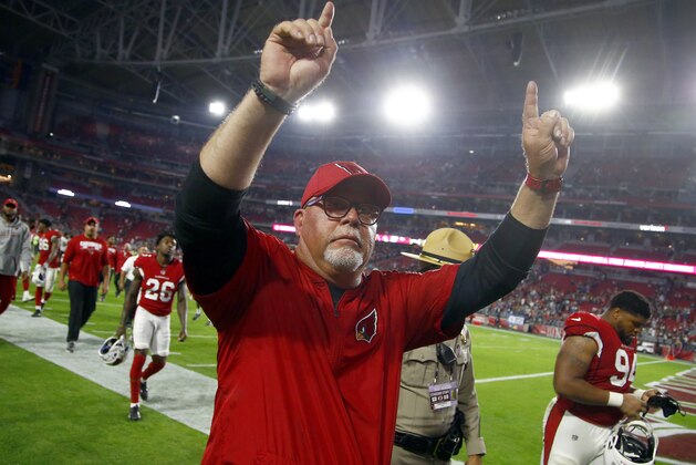Arizona Cardinals head coach Bruce Arians leaves the field after an NFL football game against the Jacksonville Jaguars, Sunday, Nov. 26, 2017, in Glendale, Ariz. The Cardinals won 27-24. (AP Photo/Ross D. Franklin)