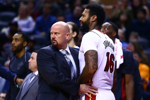 TORONTO, ON - JANUARY 09:  James Johnson #16 of the Miami Heat is held back by team security after he got into an altercation with Serge Ibaka #9 of the Toronto Raptors during the second half of an NBA game at Air Canada Centre on January 9, 2018 in Toronto, Canada.  NOTE TO USER: User expressly acknowledges and agrees that, by downloading and or using this photograph, User is consenting to the terms and conditions of the Getty Images License Agreement.  (Photo by Vaughn Ridley/Getty Images)