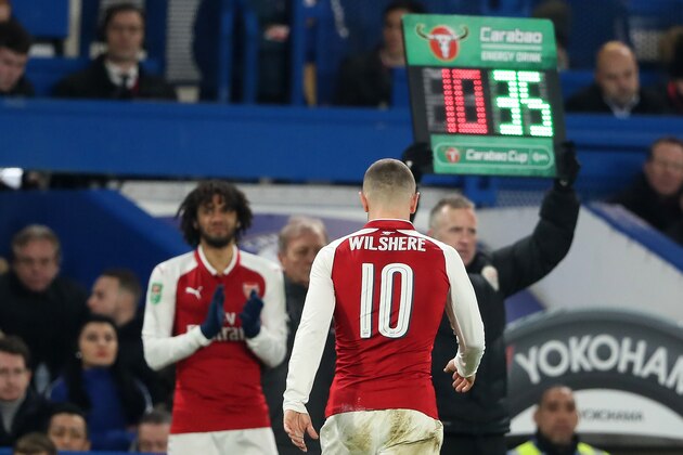 LONDON, ENGLAND - JANUARY 10:  Jack Wilshere of Arsenal is substituted during the Carabao Cup Semi-Final first leg match between Chelsea and Arsenal at Stamford Bridge on January 10, 2018 in London, England.  (Photo by Matthew Ashton - AMA/Getty Images)