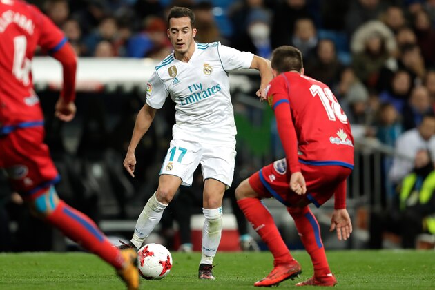 , SPAIN - JANUARY 10: (L-R) Lucas Vazquez of Real Madrid, Gregorio Sierra of Numancia  during the Spanish Copa del Rey  match between Real Madrid v Numancia on January 10, 2018 (Photo by Laurens Lindhout/Soccrates/Getty Images)