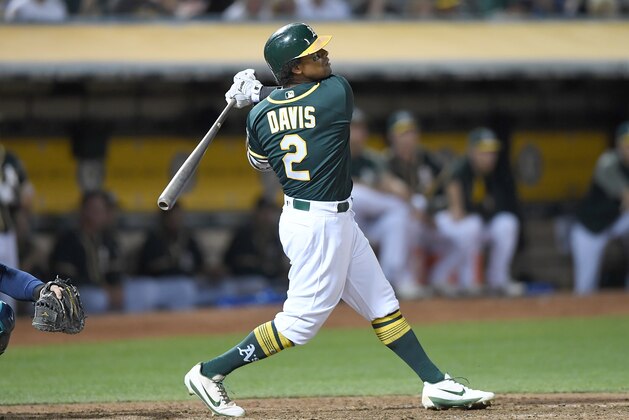 OAKLAND, CA - SEPTEMBER 26:  Khris Davis #2 of the Oakland Athletics hits a two-run homer against the Seattle Mariners in the bottom of the six inning at Oakland Alameda Coliseum on September 26, 2017 in Oakland, California.  (Photo by Thearon W. Henderson/Getty Images)