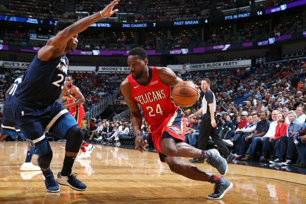 NEW ORLEANS, LA - NOVEMBER 29:  Tony Allen #24 of the New Orleans Pelicans handles the ball against Jimmy Butler #23 of the Minnesota Timberwolves on November 29, 2017 at Smoothie King Center in New Orleans, Louisiana. NOTE TO USER: User expressly acknowledges and agrees that, by downloading and or using this Photograph, user is consenting to the terms and conditions of the Getty Images License Agreement. Mandatory Copyright Notice: Copyright 2017 NBAE (Photo by Layne Murdoch Jr./NBAE via Getty Images)