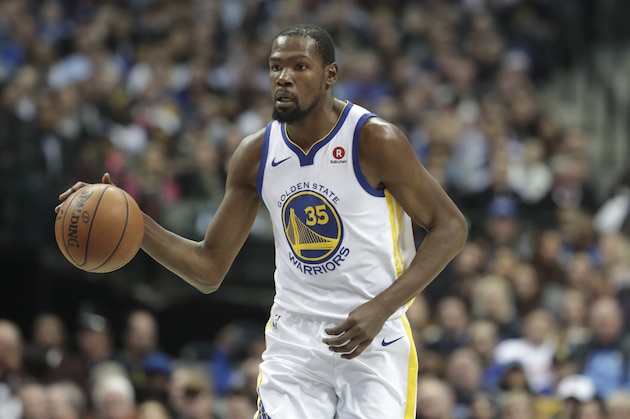 Golden State Warriors forward Kevin Durant dribbles during the first half of an NBA basketball game against the Dallas Mavericks in Dallas, Wednesday, Jan. 3, 2018. (AP Photo/LM Otero) Golden State Warriors forward Kevin Durant dribbles during the first half of an NBA basketball game against the Dallas Mavericks in Dallas, Wednesday, Jan. 3, 2018. (AP Photo/LM Otero)