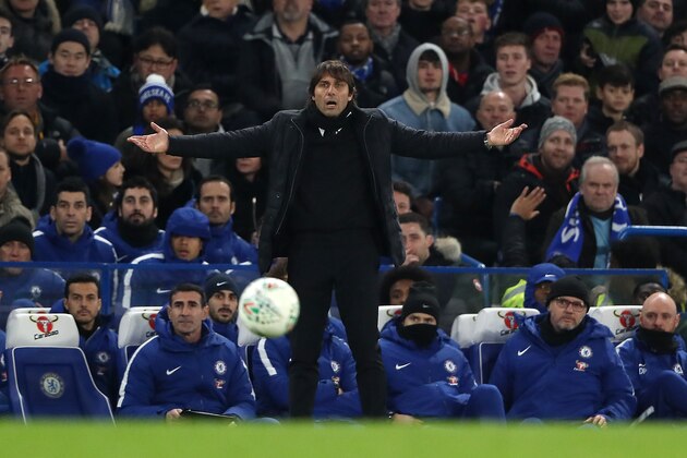 LONDON, ENGLAND - JANUARY 10:  Chelsea Head Coach / Manager Antonio Conte reacts during the Carabao Cup Semi-Final first leg match between Chelsea and Arsenal at Stamford Bridge on January 10, 2018 in London, England.  (Photo by Matthew Ashton - AMA/Getty Images)