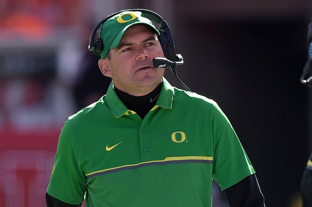 SALT LAKE CITY, UT - NOVEMBER 19: Head coach Mark Helfrich of the Oregon Ducks looks on during their game against the Utah Utes at Rice-Eccles Stadium on November 19, 2016 in Salt Lake City, Utah. (Photo by Gene Sweeney Jr/Getty Images)