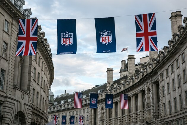 LONDON, ENGLAND - SEPTEMBER 12:  Union Jack and American flags are draped across Regent Street to celebrate the National Football League's upcoming season of American football games in this historic city on September 12, 2017, in London, England. Great Britain's move toward 'Brexit,' or the departure from the European Union, has not deterred the late summer crowds visiting city museums, hotels, and other important tourist attractions. (Photo by George Rose/Getty Images)
