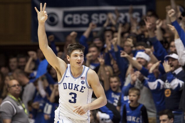 Duke's Grayson Allen (3) celebrates after hitting a three-pointer during the second half of an NCAA college basketball game against Florida State in Durham, N.C., Saturday, Dec. 30, 2017. Duke defeated Florida State 100-93. (AP Photo/Ben McKeown)