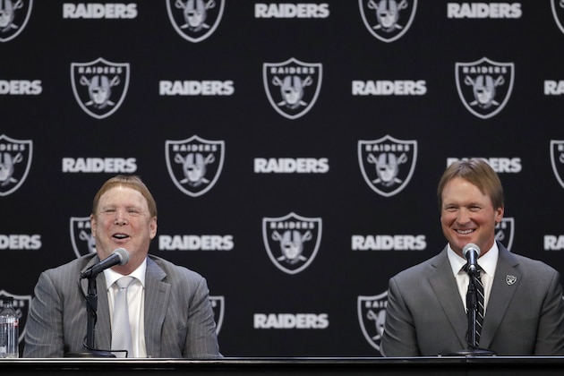Oakland Raiders head coach Jon Gruden, right, and owner Mark Davis answer questions during an NFL football press conference Tuesday, Jan. 9, 2018, in Alameda, Calif. (AP Photo/Marcio Jose Sanchez)