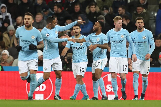 NEWCASTLE UPON TYNE, ENGLAND - DECEMBER 27: Raheem Sterling of Manchester City celebrates after scoring the opening goal during the Premier League match between Newcastle United and Manchester City at St. James Park on December 27, 2017 in Newcastle upon Tyne, England. (Photo by Ian MacNicol/Getty Images)