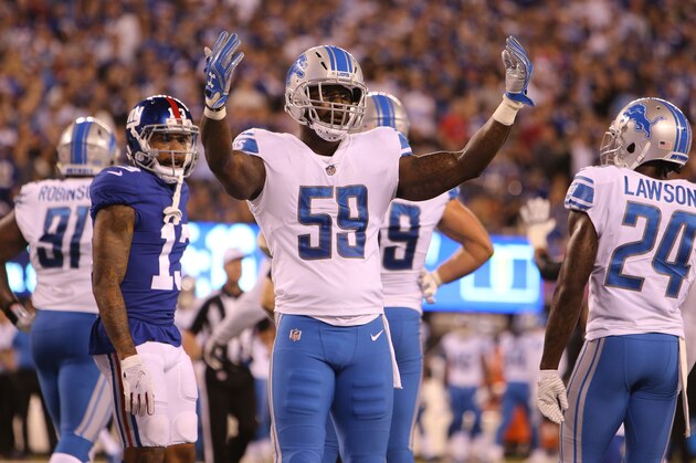 EAST RUTHERFORD, NJ - SEPTEMBER 18: Linebacker Tahir Whitehead #59 of the Detroit Lions has an Interception against the New York Giants on September 18, 2017 at MetLife Stadium in East Rutherford, New Jersey. The Lions defeated the Giants 24-10. (Photo by Al Pereira/Getty Images)
